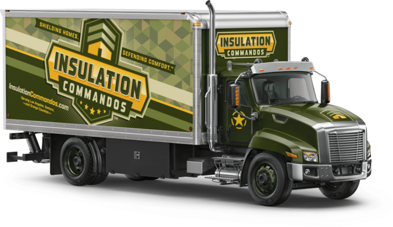 Green Insulation Commandos box truck with large company logo and branding displayed on the side panel.