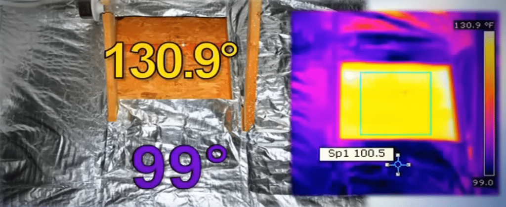Thermal imaging showing reduced attic surface temperature with radiant barrier insulation compared to untreated area.